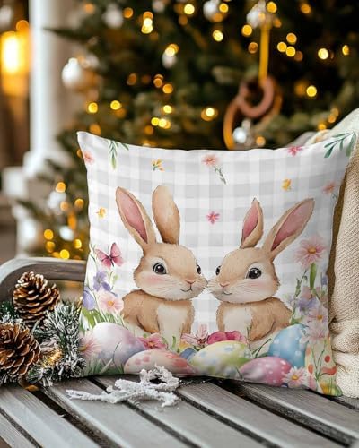 JasmineM Easter Cute Bunny Pillow Covers 18x18 inch Set of 2, Colored Egg Grey Plaid Decorations Outdoor Throw Pillow Covers, Cotton Linen Square Pillowcases for Sofa Couch Bedroom Patio Decorative - Image 4