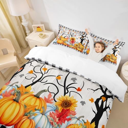 Fall Pumpkin Harvest Kids Duvet Cover Set King Size,Sunflowers Maple Leaves Autumn Bedding Set,Girls Boys Adults Room/Cabin Decor,Wooden Plank Grids Comforter Cover,Rustic Quilt Cover,2 Pillowcases - Image 3