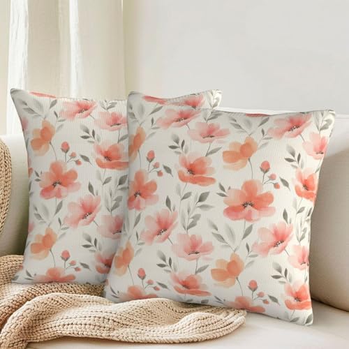 KiuLoam Spring Peach Floral Pillow Covers 18x18 Inch Set of 2, Coral Pink Watercolor Flower Rustic Decorative Throw Pillows, Farmhouse Outdoor Square Cushion Cases for Sofa Couch Bed Home Decor - Image 2