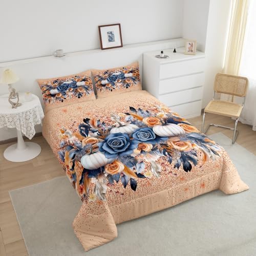 Homewish Fall Pumpkin Comforter Set Queen Size Vintage Flower Leaves Bedding Set Colorful Boho Glitter Quilt Set Kids Girls Woman Adult Room Decor Rustic Farmhouse Botanical Duvet Insert,Orange 3Pcs - Image 3