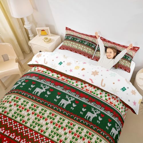 Christmas Deer Kids Duvet Cover Set Twin Size,Snowflake Love Heart Xmas Romantic Bedding Set,Girls Boys Adults Room Decor,Merry Christmas Comforter Cover,Red Green Fashion Quilt Cover,1 Pillowcase - Image 3