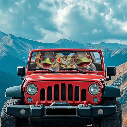 Renewold Funny Red Eyed Tree Frog Car Windshield Sunshade Sun Visor Cover for Jeep Wrangler JK JKU JL 1997-2023 2/4 Door Keep Cool Blocks Heat Sunlight Sun Shade Shield for Jeep Gladiator JT 2020-2023