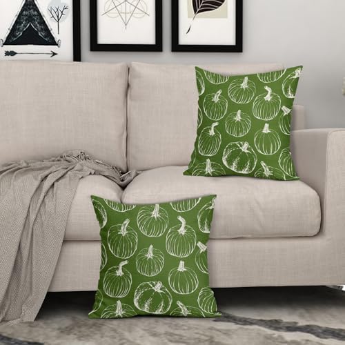 Green Fall Pumpkin Pillow Covers 16x16 Set of 2 Autumn Themed Thanksgiving Cream Print Decorative Throw Pillows Outdoor Pillowcase Farmhouse Linen Cushion Case Decor for Home Sofa Couch Bed - Image 3