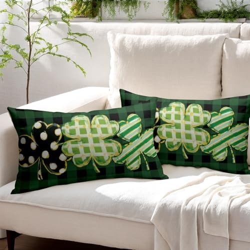 St Patricks Day Pillow Covers 12x20 Set of 2 Shamrock Clover Dark Green Throw Pillow Covers Spring Pillowcase Linen Farmhouse Decorative Buffalo Plaid Cushion Case Couch for Indoor Home Decor - Image 3