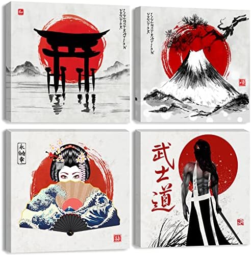 Japanese Wall Art Vintage Anime Posters Asian Samurai Geisha Fuji Mountain Picture Canvas Prints Red Decor for Living Room Bedroom Japan Painting Modern Artwork Bathroom Home Decorations 12x12” 4Pcs by sunfrower