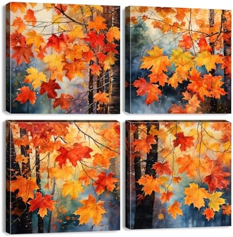 Fall Wall Art Maple Leaves Prints Canvas Decor Watercolor Aesthetic Red Yellow Plant Leaf Pictures for Living Room Bedroom Autumn Country Forest Painting Artwork Kitchen Home Decorations 20x20” 4 Pcs by sunfrower