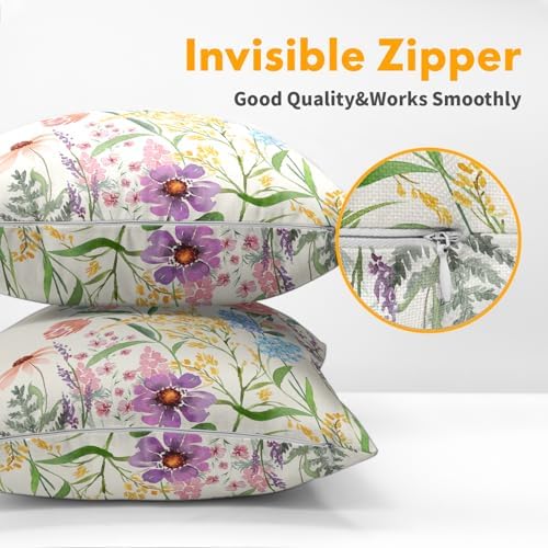 Spring Pillow Covers 24x24 Set of 2 Floral Throw Pillow Covers Rustic Flower Pillowcase Linen Decoration Farmhouse Soft Decorative Pink Blue Cushion Case Couch for Indoor Outdoor Home Decor - Image 5