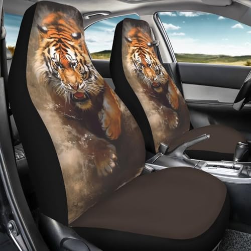 Tiger 2 Pcs/Set Car Seat Covers, 3D Vivid African Jungle Animal Car Seat Cover for Trucks Sedan SUV, Running Bengal Tiger Automotive Interior Protector Set