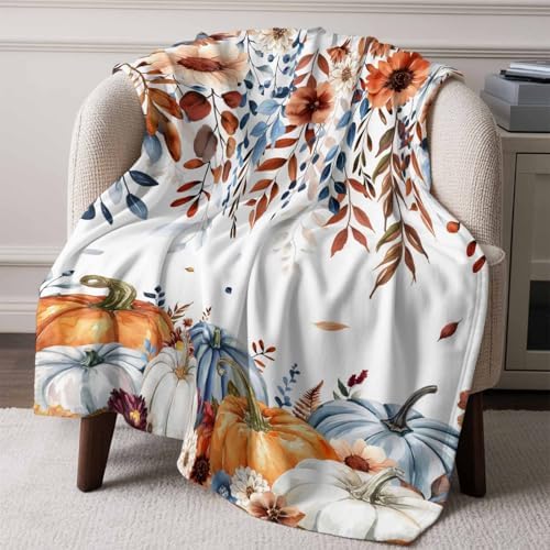 DecorLovee Orange Blue Pumpkins Fall Blanket 50"x80", Reversible Thanksgiving Throw Blanket for Couch/Bed, Floral Botanical Lightweight Soft Throw Blankets for Adult, Warm Fuzzy Blankets for Winter - Image 6