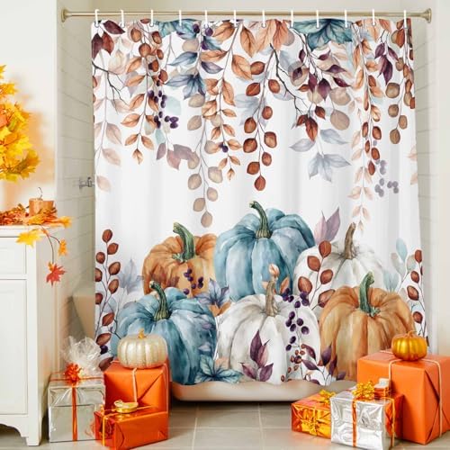 LooPoP Fall Shower Curtain Autumn Maple Leaves Bathroom Curtains with Hooks, Waterproof Polyester Fabric Thanksgiving Harvest Pumpkin Shower Curtains Set for Bathroom Bathtubs Decor 72x72 Inch - Image 5