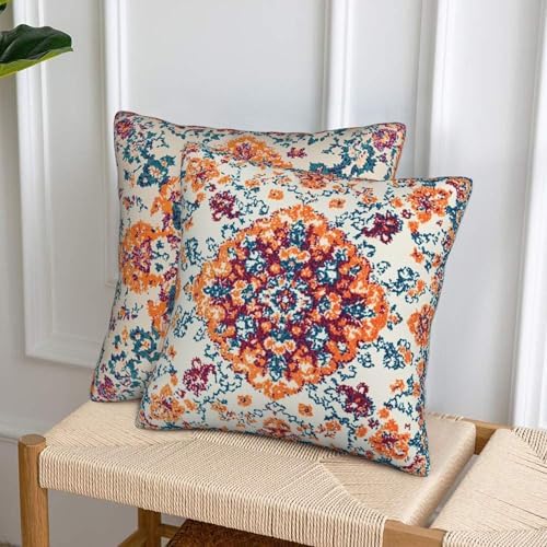 Vintage Bohemian Carpet Pattern Pillow Covers 18x18 inch Set of 2 Orange Blue Ethnic Pillow Case Cushion Cover for Home Sofa Couch Living Room Car Decor - Image 4