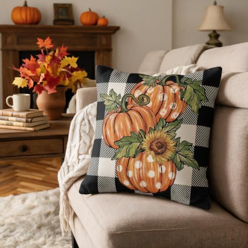 Fall Thanksgiving Pillow Covers 24x24 Set of 2, Autumn Polka Dot Pumpkin Sunflower Print Buffalo Plaid Decorative Throw Pillow Cases Holiday Outdoor Seasonal Farmhouse Decor for Sofa Couch Bed - Image 4