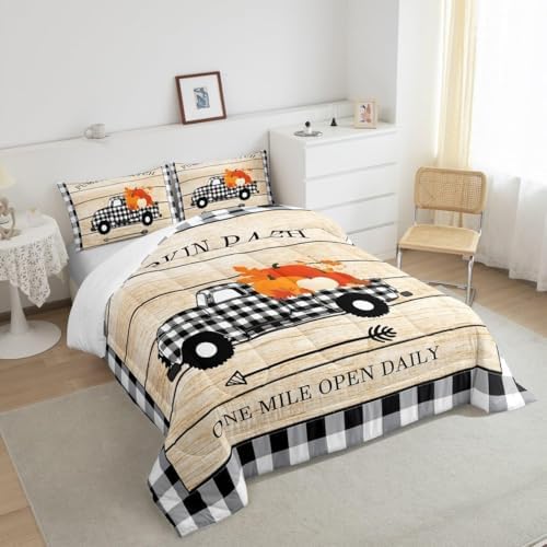 Homewish Geometric Plaid Truck Comforter Set Twin Size,Rustic Farmhouse Bedding for Kids Boys Girls Room Decor,Fall Pumpkin Themed Quilt Halloween Style Duvet Insert 2pcs with 1 Pillowcase - Image 6