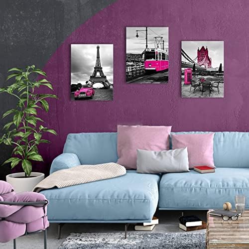 sunfrower Hot Pink Paris Canvas Wall Art Prints Bathroom Bedroom Decor Eiffel Tower Cityscape Posters for Girls Room Decorations Lover Tele Booth Bus Car Street Painting Picture Artworks 12×16" 3 Pcs - Image 3