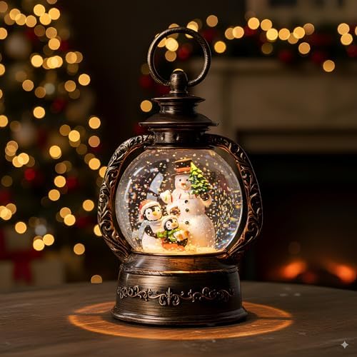 Christmas Snow Globe Lantern Water Glittering Snowman & Penguins with Music & Timer, USB Lined/Battery Operated Lighted Lantern for Christmas Festival Decoration Gifts - Image 5
