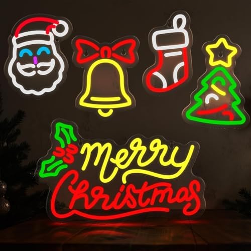 5 Pcs Christmas Neon Sign Merry Christmas Santa Claus Bells Xmas Tree LED Lights Winter Neon Lights USB Window Wall Bar Living Room Decor for Winter Xmas Party Holiday Night Bedroom Gifts by Unknown