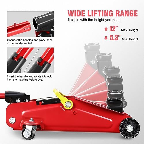 DNA Motoring 1.5 Ton Car Floor Jack Low Profile Hydraulic Trolley Service/Floor Jack, 1.5T / 3000 lbs Capacity, Lifting Range 5.3 Inch -12 Inch, with Storage Case, Red, TOOLS-00326 - Image 4