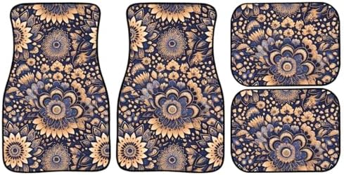 Mandala 4 Pcs Automotive Mats Retro Ethnic Tribe Mandala All Weather Car Decor Accessories Lotus Flower Graphic Universal Fit Floor Mats for SUV, Truck Soft Heel Pad