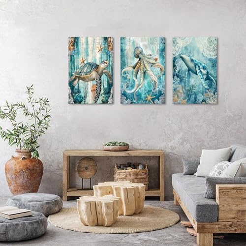 Blue Underwater World Wall Art Coastal Dolphin Decor for Bathroom Ocean Sea Turtle Marine Life Painting Beach Starfish Seascape Photo Prints Picture Nautical Artwork Nursery Home Decorations 24x36" 3P - Image 4