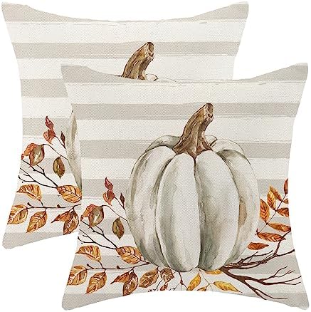 Fall Pillow Covers 16x16 Set of 2 Pumpkin Leaf Branch and Stripes Fall Decor Pillowcase Linen Autumn Thanksgiving Decorative Outdoor Throw Pillow Covers Farmhouse Cushion Case for Couch Home by Gohdiwh