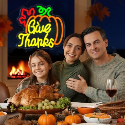 Pumpkin Give Thanks Neon Sign Neon Light Thanksgiving Decorations Give Thanks Neon Sign Window Lights Fall Decor LED USB Pumpkin Lights for Bar Table Living Room Wall Kitchen Mantel - Image 4
