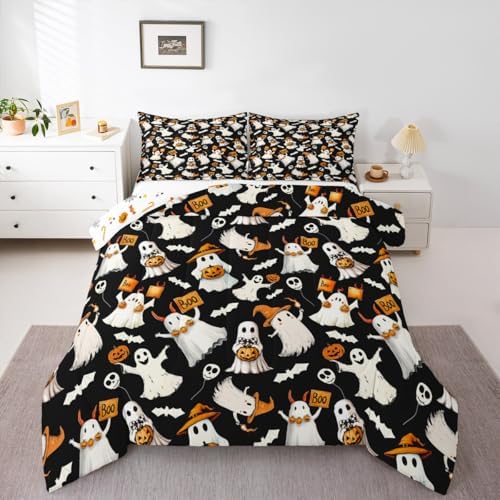 Homewish Happy Halloween Comforter Set Spooky Witch Hat Ghost Comforter Twin Size Gothic Pumpkin Bats Bedding Set for Kids Adult Bedroom Decor Fashion Black Quilt Duvet,2 Pcs with 1 Pillowcase - Image 6