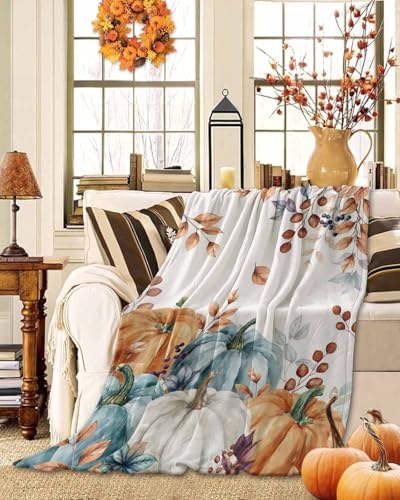 DecorLovee Orange Blue Grey Fall Blanket 40"x60", Reversible Pumpkins Throw Blanket for Couch/Bed, Botanical Thanksgiving Lightweight Soft Throw Blanket for Boys, Warm Fuzzy Blankets for Winter - Image 2
