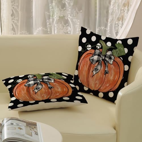 Fall Pillow Covers 18x18 Set of 2 Pumpkin Maple Leaf and Polka Dot Fall Decor Pillowcase Autumn Thanksgiving Decorative Outdoor Throw Pillow Covers Linen Farmhouse Cushion Case for Couch Home - Image 4