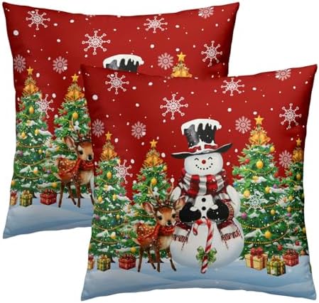 Xmas Tree Winter Snowman Red Throw Pillow Covers 12X12 Inches Set of 2 Xmas Snowflake Pillowcase Soft Cotton Square Seasonal Cushion Covers for Living Room Sofa Bedroom Decor by Sweetshow