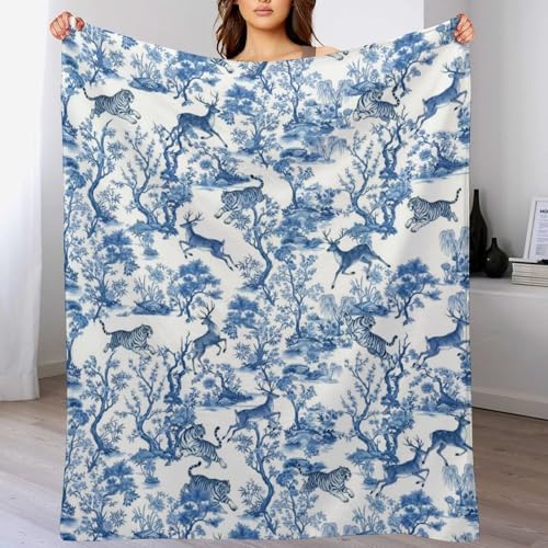 Socira Blue Chinese Style Tiger Huntings Blanket Throw Blanket Tiger Huntings Gifts for Women Men Soft Sofa Throws for Travel Camping Bed Home Decor Car Birthday Gift 40"*50" （100 * 130cm） - Image 2