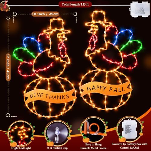2 Pcs Large Thanksgiving Window Lights Turkey Decorations, Fall Decor Window Lights, LED Turkey Pumpkin Light 2026 Thanksgiving Decor with Timer & 8 Mode & Battery Operated(Yellow Red Green,17") - Image 2