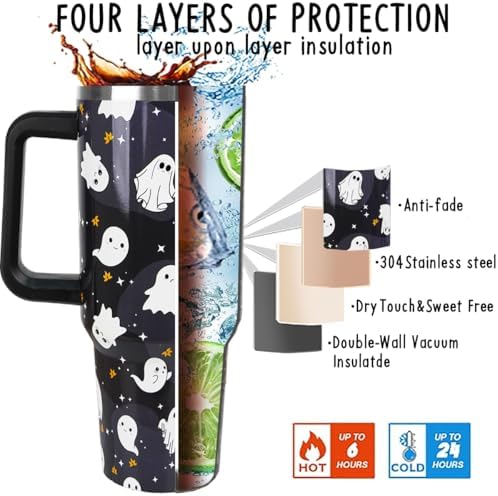 Halloween Tumbler 40oz Ghost Tumbler Spooky Leak Proof Cups with Handle and Straw Insulated Water Bottle Coffee Travel Mugs for Halloween Decor Gifts for Women Men (1PCS) - Image 6