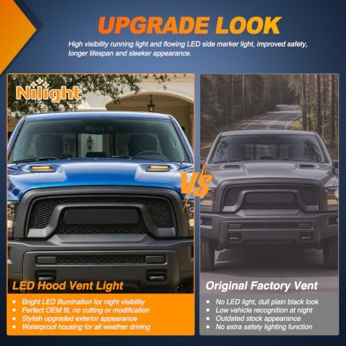 Nilight Hood Vent Lights 2PCS Smoke Lens Amber White for 2010-2018 Ram 1500