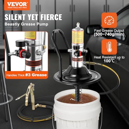 VEVOR Grease Pump, Air Operated Grease Pump with 13 ft High Pressure Hose and Grease Gun, Pneumatic Grease Pump with Barrel Cap, Portable Lubrication Grease Pump 360° Gun Head - Image 2