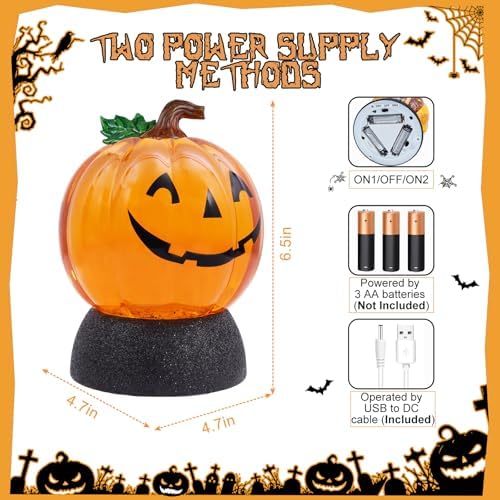 Halloween Snow Globe Lantern Pumpkin Lighted Halloween Snow Globes Battery Operated or USB Powered with 6H Timer Musical Snow Globe Glitter for Spooky Party Home Table Decorations (Pumpkin) - Image 3