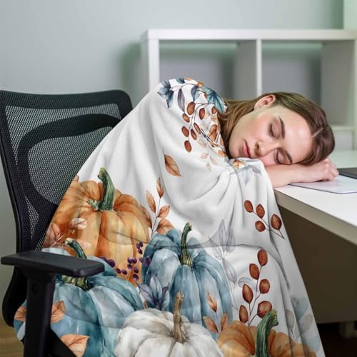 DecorLovee Orange Blue Grey Fall Blanket 30"x40", Reversible Pumpkins Throw Blanket for Couch/Bed, Botanical Thanksgiving Lightweight Soft Throw Blankets for Kids, Warm Fuzzy Blankets for Winter - Image 7
