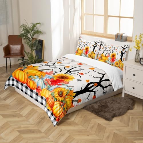 Fall Pumpkin Harvest Kids Duvet Cover Set King Size,Sunflowers Maple Leaves Autumn Bedding Set,Girls Boys Adults Room/Cabin Decor,Wooden Plank Grids Comforter Cover,Rustic Quilt Cover,2 Pillowcases - Image 5