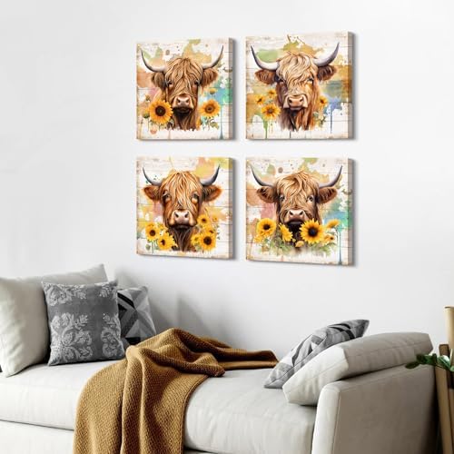 Highland Cow Wall Art Rustic Farmhouse Sunflower Canvas Pictures for Bathroom Kitchen Decor Watercolor Farm Animal Cattle Prints Painting Modern Artwork Bedroom Living Room Home Decorations 12x12” 4 - Image 3