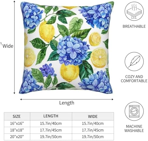 KiuLoam Summer Lemon Hydrangea Pillow Covers 18x18 Set of 2 Blue Yellow Floral Decorative Throw Pillow Covers Outdoor Farmhouse Cushion Cases for Sofa Couch Bed Living Room Decor - Image 5