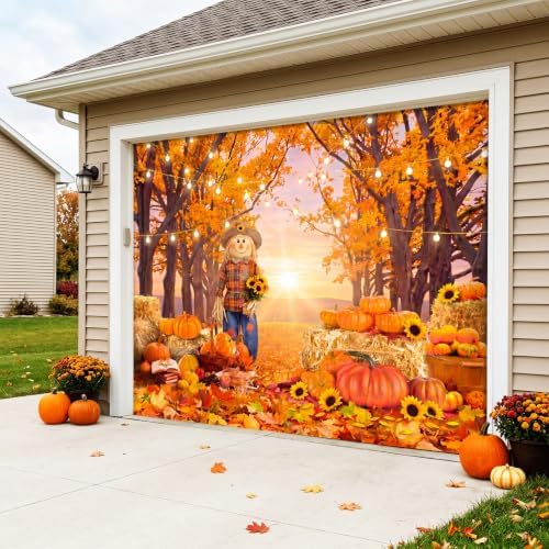 Teenyyou Fall Garage Door Cover 7 x 8 ft Thanksgiving Scarecrow Pumpkin - Image 5