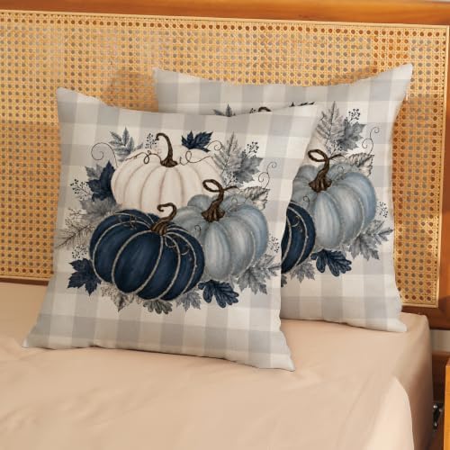 Fall Blue PumpkinPillow Covers 18x18 Set of 2 White Grey Buffalo Plaid - Image 3