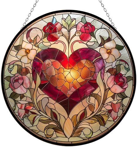 Valentine Heart Stained Glass Window Hanging Window Suncatcher 12" Glass Panel with Metal Chain Sun Catchers Wall Art Home Decor Gift for Women Mother's Day by 365CUSGIFTS