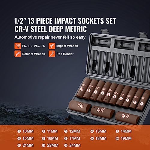 VEVOR 1/2" Drive Impact Socket Set, 13 Piece Deep Socket Set Metric 10-24mm, 6 Point CR-V Alloy Steel for Auto Repair, Easy-to-Read Size Markings, Rugged Construction, Includes Storage Case - Image 3