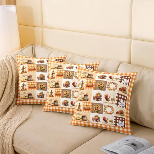 Manfei Fall Thanksgiving Day Double Sides Print Pillow Covers,Autumn Harvest Pumpkin Sunflower Turkey Throw Pillow Case Covers,Retro Orange Yellow Plaids Patchwork Cushion Covers,2 Pack 24"x 24" - Image 4