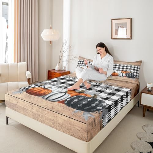 Fall Pumpkins Bed Sheets King Rustic Farmhouse Thanksgiving Theme Beddig Set Black White Buffalo Plaid Fitted Sheet Happy Autumn Fall Sheet Set Wooden Board Flat Sheet 2 Pillow Cases Home Room Decor - Image 7