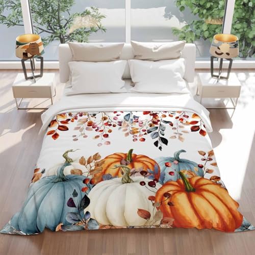 DecorLovee Fall Orange Blue Pumpkins Blanket 60"x80", Reversible Thanksgiving Throw Blanket for Couch/Bed, Vintage Botanical Lightweight Soft Throw Blankets for Men, Warm Fuzzy Blankets for Winter - Image 5