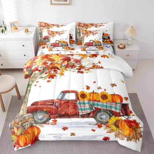 Thanksgiving Pumpkin Queen Size Comforter Set with Sheets Maple Leaves Truck Sunflower - 7 Pieces Bed in a Bag Queen Autumn Harvest Beddding Sets with Comforter,Flat Sheet,Pillowcases & Shams by Erosebridal