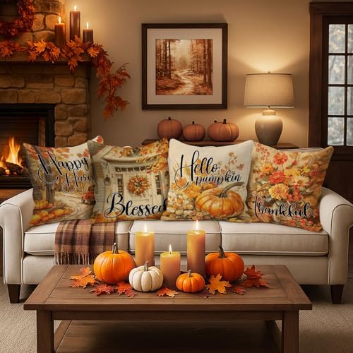 Benjia Fall 18x18 Throw Pillow Covers Set of 4, Watercolor Pumpkin hut car Decorative Holiday Pillow Case 18 x 18 Autumn Cushion Covers Thanksgiving Pillowcase for Indoor Home Bedroom Sofa Decor - Image 5
