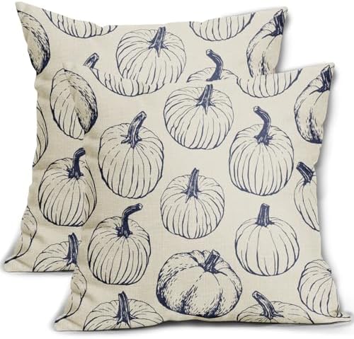 Dark Blue Pumpkin Fall Pillow Covers 22x22 Set of 2 Autumn Themed Thanksgiving Harvest Print Decorative Throw Pillows Outdoor Farmhouse Pillowcases Cushion Case Seasonal Decor for Couch Sofa Bed by Aytipun