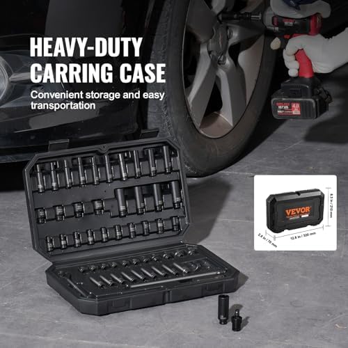 VEVOR Impact Socket Set 1/4" Drive, 55-Piece Deep & Shallow Socket Set Standard SAE (5/32 to 9/16 inch) & Metric (4 to 15 mm) Size, 6 Point, CR-V, Extension Bar, Universal Joint, Reducer - Image 6